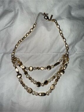 White House Black Market Gold and Pearl Layered Necklace